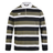 The Canterbury Yarn Dye Long Sleeve Striped Rugby Jersey showcases black, white, and olive green yarn-dyed stripes, a white collar, and a small embroidered chest logo.