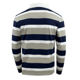 Back view of the Canterbury CCC Stripe Long Sleeve Rugger, featuring navy blue, white, and beige horizontal stripes.