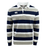 The Canterbury CCC Stripe Long Sleeve Rugger is a stylish rugby shirt featuring thick horizontal stripes in navy blue, beige, and white. It is designed with a white collar and includes a small logo on the left chest area.