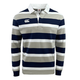 The Canterbury CCC Stripe Long Sleeve Rugger is a stylish rugby shirt featuring thick horizontal stripes in navy blue, beige, and white. It is designed with a white collar and includes a small logo on the left chest area.
