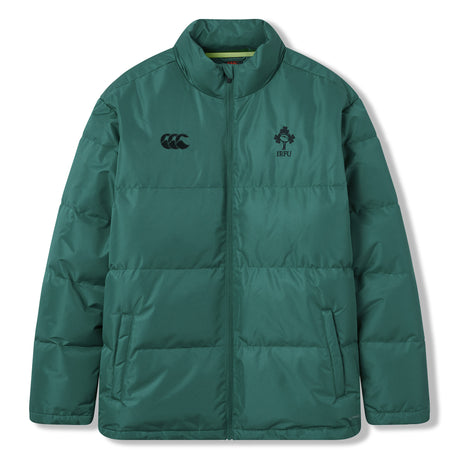 Stay warm and stylish with the Ireland 26 Puffer Jacket by Canterbury. This insulated jacket features the IRFU logo and Canterbury branding on the chest, a front zipper closure, and two side pockets—perfect for any Ireland Rugby fan.