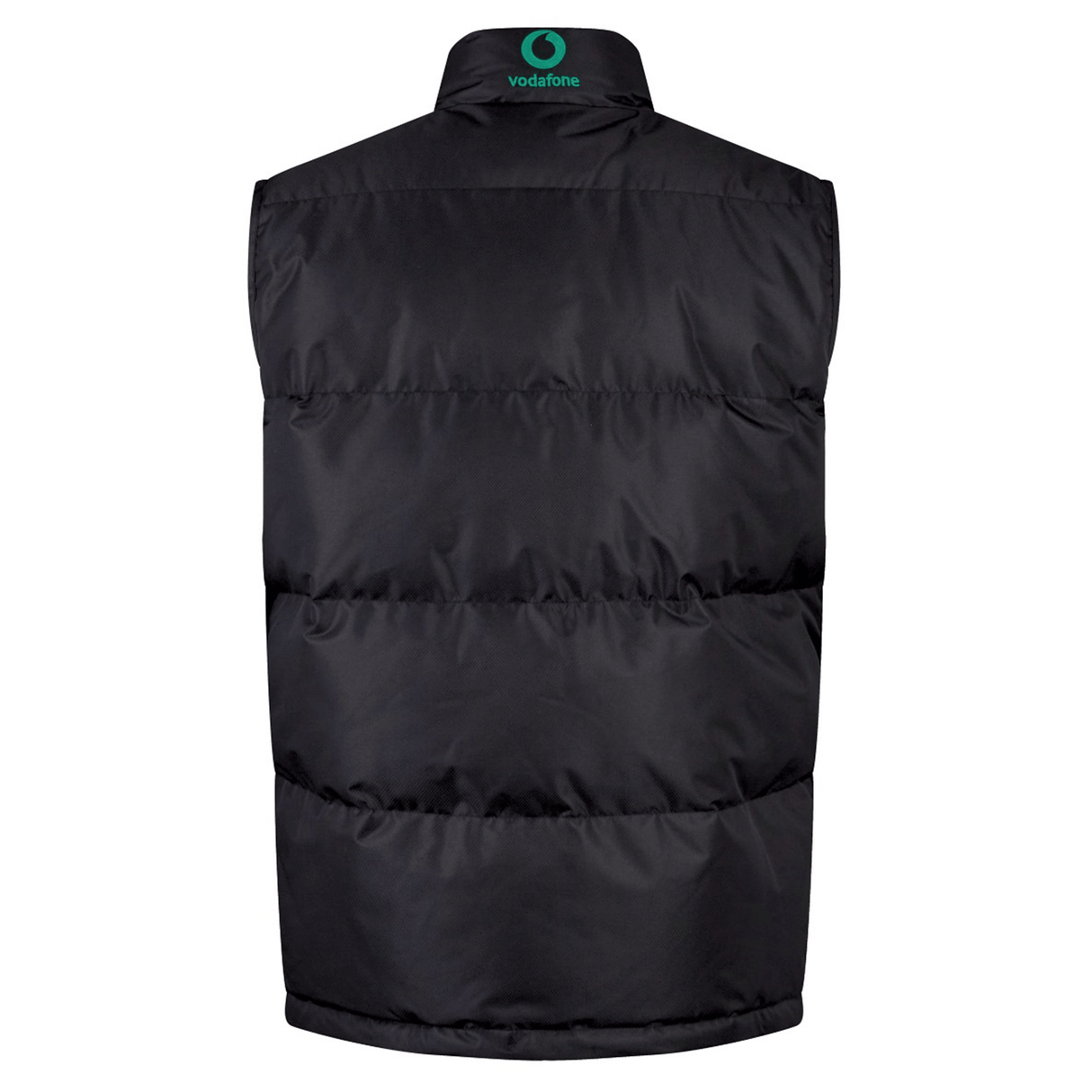 Back view of a black, sleeveless puffer vest with visible stitching, featuring a green Vodafone logo on the upper back collar and showcasing Canterbury's Ireland 24 Padded Gilet design.