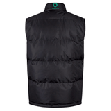 Back view of a black, sleeveless puffer vest with visible stitching, featuring a green Vodafone logo on the upper back collar and showcasing Canterbury's Ireland 24 Padded Gilet design.