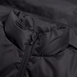 Close-up of the Ireland 24 Padded Gilet by Canterbury, showcasing a high collar with a partially closed zipper and crafted from quilted fabric. This black jacket is enhanced with Thermoreg insulation for extra warmth.