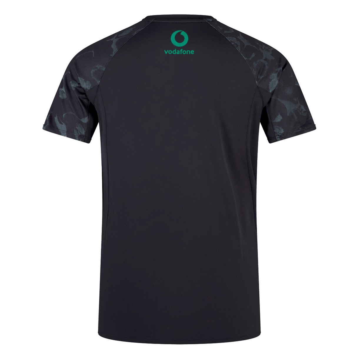 The Ireland 24 Superlight Training T-Shirt by Canterbury is a black, short-sleeved shirt featuring a green Vodafone logo on the back near the neck. Made from recycled polyester, it also includes subtly patterned sleeves.