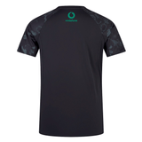 The Ireland 24 Superlight Training T-Shirt by Canterbury is a black, short-sleeved shirt featuring a green Vodafone logo on the back near the neck. Made from recycled polyester, it also includes subtly patterned sleeves.