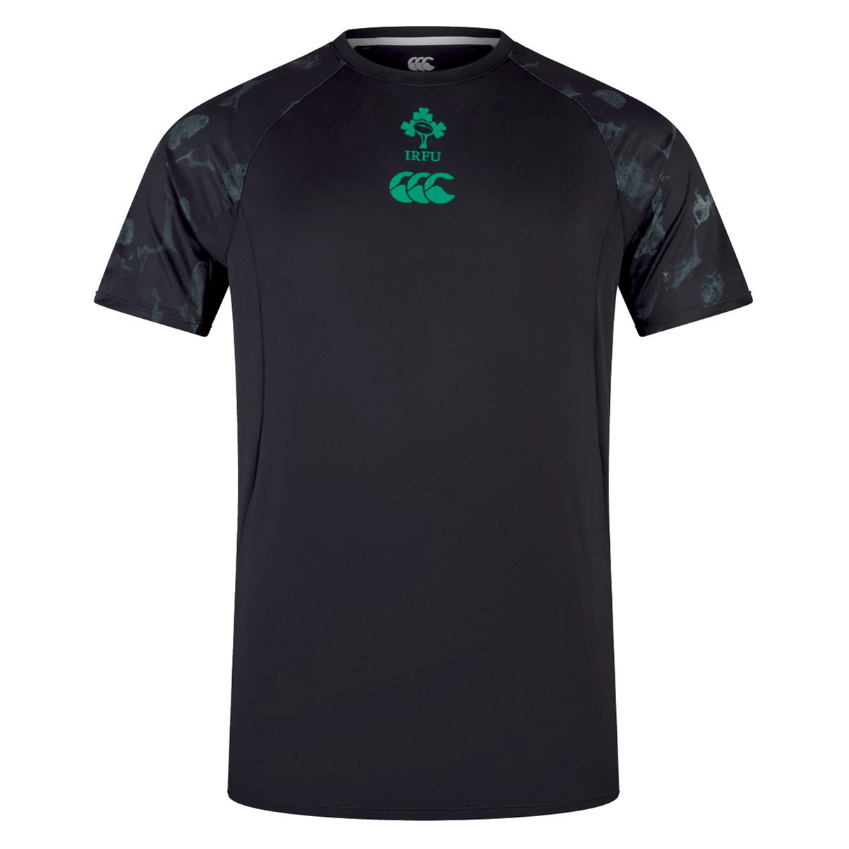 The Ireland 24 Superlight Training T-Shirt by Canterbury is a black short-sleeve shirt featuring green logos on the chest. The left logo includes "IRFU" text, while the right logo displays a stylized animal. The shoulder sections have dark patterns, and it's crafted from breathable, quick-drying recycled polyester.