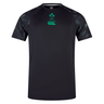 The Ireland 24 Superlight Training T-Shirt by Canterbury is a black short-sleeve shirt featuring green logos on the chest. The left logo includes "IRFU" text, while the right logo displays a stylized animal. The shoulder sections have dark patterns, and it's crafted from breathable, quick-drying recycled polyester.