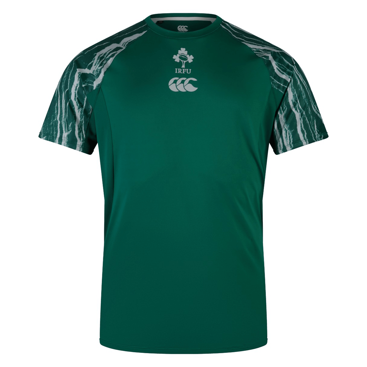 The Ireland 24 Superlight Training T-Shirt by Canterbury is made from recycled polyester. This green short-sleeve sports jersey features dark and light green patterned shoulders, the "IRFU" acronym, and a clover logo on the chest. It is designed to be breathable and quick-drying for peak performance.