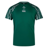 The Ireland 24 Superlight Training T-Shirt by Canterbury is made from recycled polyester. This green short-sleeve sports jersey features dark and light green patterned shoulders, the "IRFU" acronym, and a clover logo on the chest. It is designed to be breathable and quick-drying for peak performance.