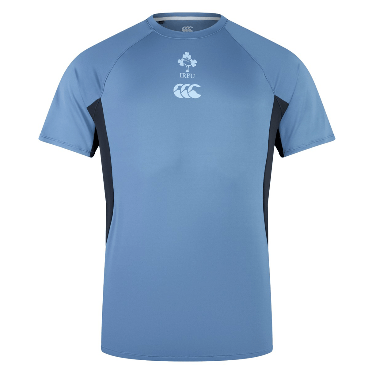 Light blue short-sleeved Ireland 24 Superlight Training T-Shirt by Canterbury with dark blue side panels and "IRFU" and a Canterbury logo at the chest, perfect for showing your support for Ireland.
