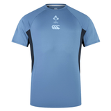 Light blue short-sleeved Ireland 24 Superlight Training T-Shirt by Canterbury with dark blue side panels and "IRFU" and a Canterbury logo at the chest, perfect for showing your support for Ireland.