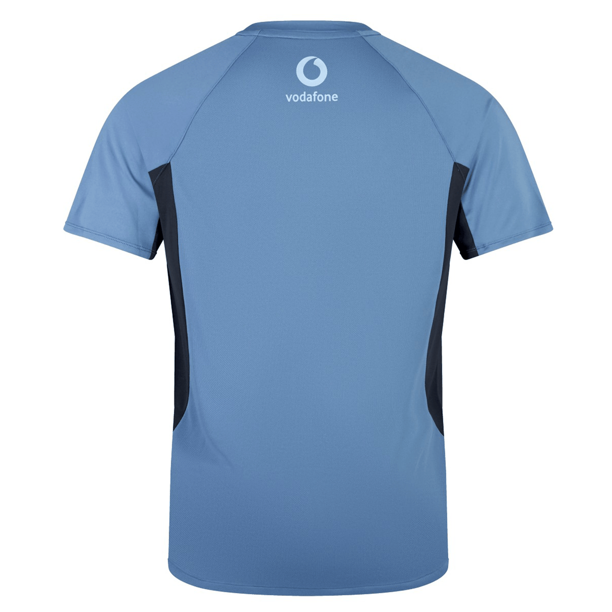 A back view of the Ireland 24 Superlight Training T-Shirt by Canterbury features a light blue sports shirt with black side panels and the Vodafone logo on the upper back, inspired by Ireland's dynamic sportswear design.
