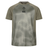 The Ireland 25/26 Superlight Training T-Shirt by Canterbury features an olive green and grey abstract design, IRFU emblem, and Canterbury logo. This breathable tee is ideal for workouts or casual wear.