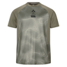 The Ireland 25/26 Superlight Training T-Shirt by Canterbury features an olive green and grey abstract design, IRFU emblem, and Canterbury logo. This breathable tee is ideal for workouts or casual wear.