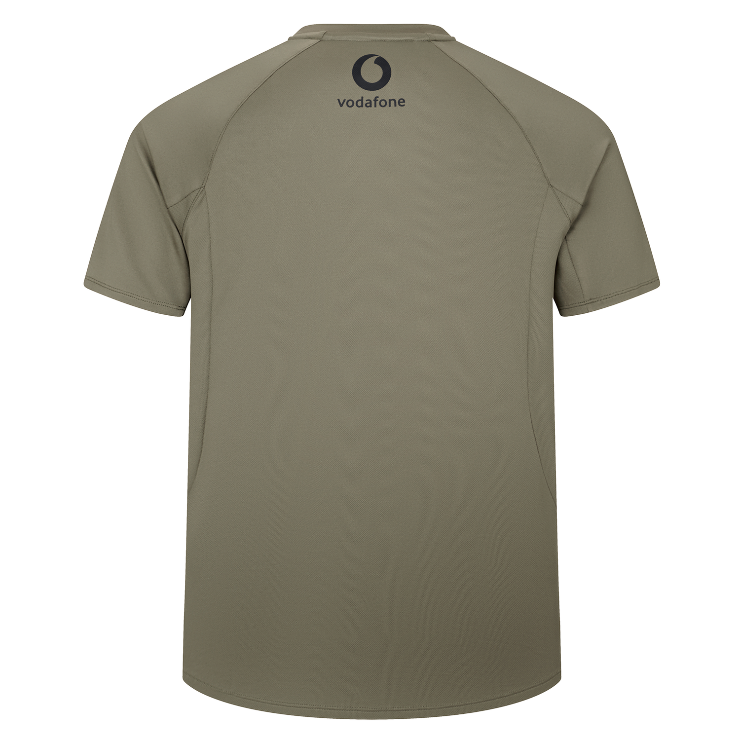 Back view of the Ireland 25/26 Superlight Training T-Shirt by Canterbury in olive green, featuring the Vodafone logo and name printed near the neckline.