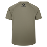 Back view of the Ireland 25/26 Superlight Training T-Shirt by Canterbury in olive green, featuring the Vodafone logo and name printed near the neckline.