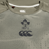 Close-up of the Ireland 25/26 Superlight Training T-Shirt by Canterbury, featuring the IRFU logo and two Canterbury logos on the chest. This superlight tee is ideal for comfort and performance during intense training sessions.
