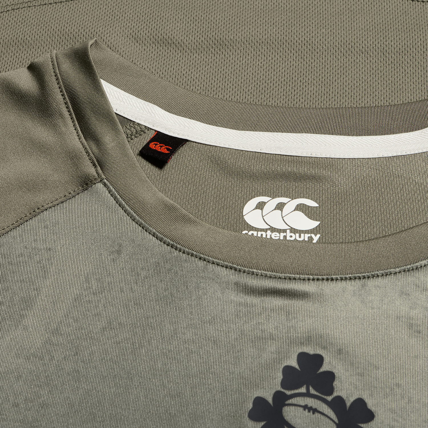 A close-up of the Ireland 25/26 Superlight Training T-Shirt by Canterbury shows the logo on the chest and collar label—a breathable sports tee from Canterbury, perfect for active sessions.