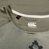 A close-up of the Ireland 25/26 Superlight Training T-Shirt by Canterbury shows the logo on the chest and collar label—a breathable sports tee from Canterbury, perfect for active sessions.