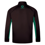 Back view of the Ireland 1/4 Zip Training Top 24 by Canterbury in black with green side panels and a Vodafone logo on the upper back, perfect for showcasing your Ireland 24 spirit.