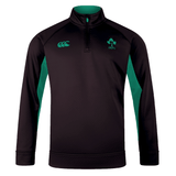 The Ireland 1/4 Zip Training Top 24 by Canterbury, featuring a black and green design, showcases the IRFU emblem on the left chest and the Canterbury logo on the right. It's perfect for showing your support for Ireland 24.