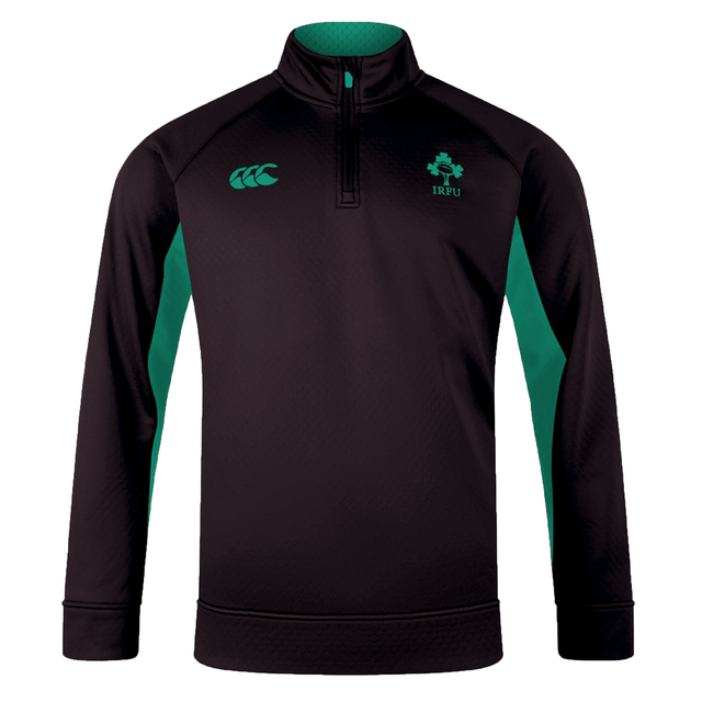 The Ireland 1/4 Zip Training Top 24 by Canterbury, featuring a black and green design, showcases the IRFU emblem on the left chest and the Canterbury logo on the right. It's perfect for showing your support for Ireland 24.