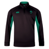 The Ireland 1/4 Zip Training Top 24 by Canterbury, featuring a black and green design, showcases the IRFU emblem on the left chest and the Canterbury logo on the right. It's perfect for showing your support for Ireland 24.