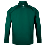 The back view of the Ireland 1/4 Zip Training Top 24 by Canterbury in dark green showcases the Vodafone logo prominently centered at the top.