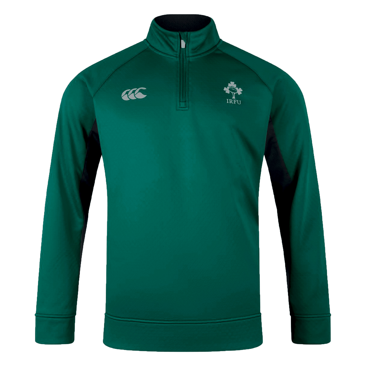 An Ireland 1/4 Zip Training Top 24 by Canterbury in green, with a long-sleeve design and quarter-zip front, featuring the IRFU logo on the left chest and subtle nods to Ireland.