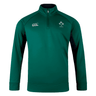 An Ireland 1/4 Zip Training Top 24 by Canterbury in green, with a long-sleeve design and quarter-zip front, featuring the IRFU logo on the left chest and subtle nods to Ireland.