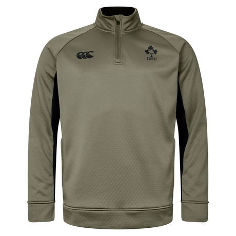 The Ireland 25/26 Training Top by Canterbury is a grey jacket with a logo and Thermoreg technology, inspired by Ireland's official training wear.