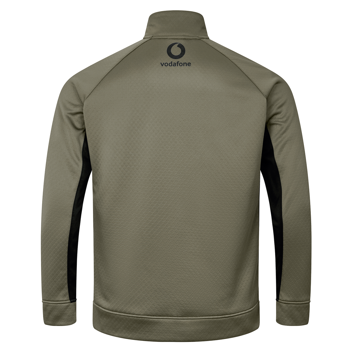 Back view of the Ireland 25/26 Training Top by Canterbury in olive green, featuring black side panels, Thermoreg technology, and a Vodafone logo near the collar.