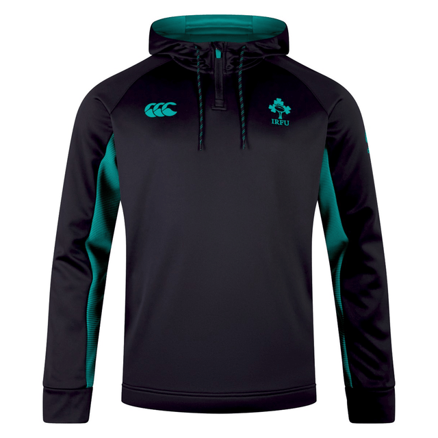 A stylish addition to your collection, the Ireland Training Hoodie 24 by Canterbury features a quarter-zip front with a hood, showcasing the Celtic Rugby logo on the right chest and the IRFU emblem on the left chest in striking black and green.
