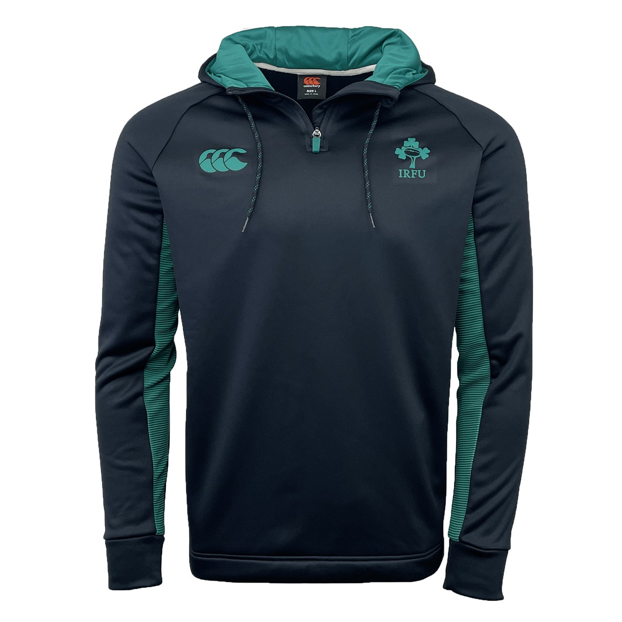 A black and teal Ireland Training Hoodie 24 by Canterbury, featuring the IRFU and Canterbury logos on the front, crafted from high-quality polyester.