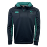 A black and teal Ireland Training Hoodie 24 by Canterbury, featuring the IRFU and Canterbury logos on the front, crafted from high-quality polyester.