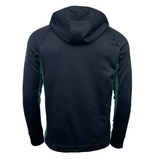 Back view of the Ireland Training Hoodie 24 by Canterbury, featuring black fabric with green side panels, crafted from durable polyester.