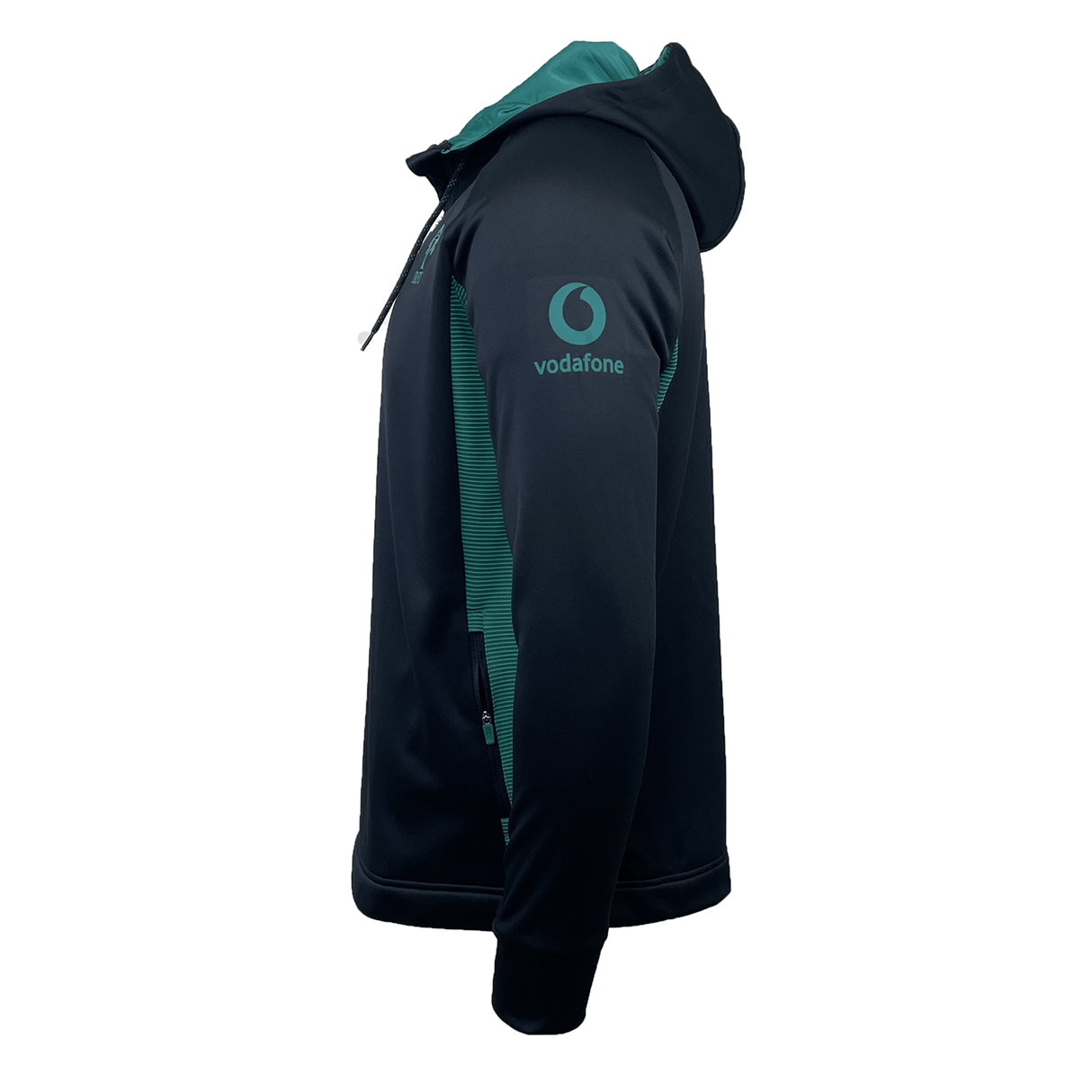 The Ireland 24 Training Hoody by Canterbury is a black and green hooded jacket with a zipper, featuring a Vodafone logo on the sleeve and IRFU logos.