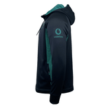 The Ireland 24 Training Hoody by Canterbury is a black and green hooded jacket with a zipper, featuring a Vodafone logo on the sleeve and IRFU logos.