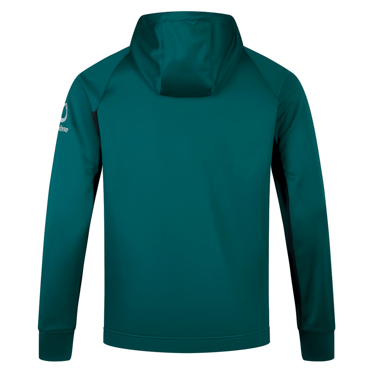 A teal hooded sweatshirt shown from the back, featuring long sleeves and a small logo on the left arm. This Ireland Training Hoodie 24 by Canterbury is made from 100% polyester, ensuring durability and comfort.