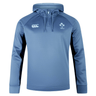 The Ireland Training Hoodie 24 by Canterbury is a blue hoodie featuring a white clover emblem and the text "IRFU" on the left chest, complemented by a white logo on the right chest. This durable polyester hoodie is crafted by Canterbury.