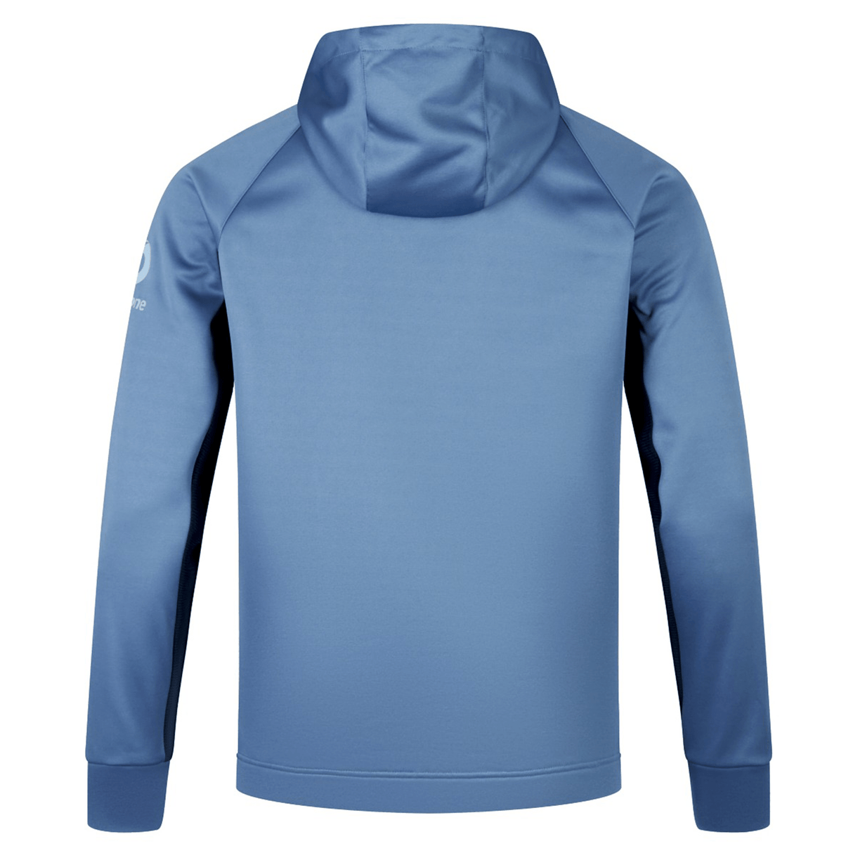 Back view of the Ireland Training Hoodie 24 by Canterbury, a blue hooded sweatshirt made with polyester, featuring long sleeves and a small logo on the left arm by Canterbury.