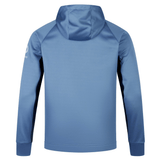 Back view of the Ireland Training Hoodie 24 by Canterbury, a blue hooded sweatshirt made with polyester, featuring long sleeves and a small logo on the left arm by Canterbury.
