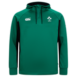 The Ireland 25/26 Training Hoodie by Canterbury is a green rugby hoodie with black accents, showcasing the Canterbury logo on the right chest and IRFU shamrock on the left—a must-have for fans.