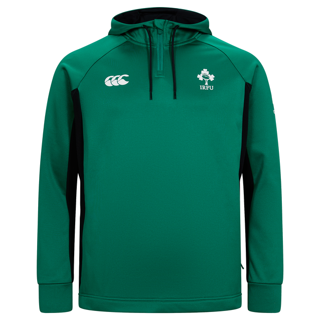The Ireland 25/26 Training Hoodie by Canterbury is a green rugby hoodie with black accents, showcasing the Canterbury logo on the right chest and IRFU shamrock on the left—a must-have for fans.