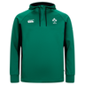 The Ireland 25/26 Training Hoodie by Canterbury is a green rugby hoodie with black accents, showcasing the Canterbury logo on the right chest and IRFU shamrock on the left—a must-have for fans.