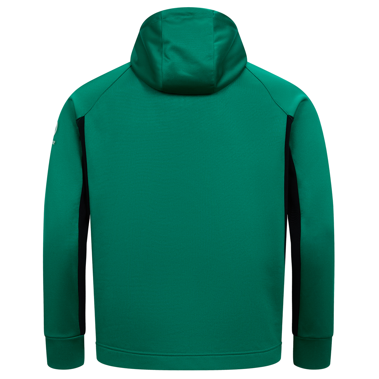 The Ireland 25/26 Training Hoodie by Canterbury features a green design with long sleeves, black side panels, and a hood—ideal for Ireland rugby fans seeking style and comfort.