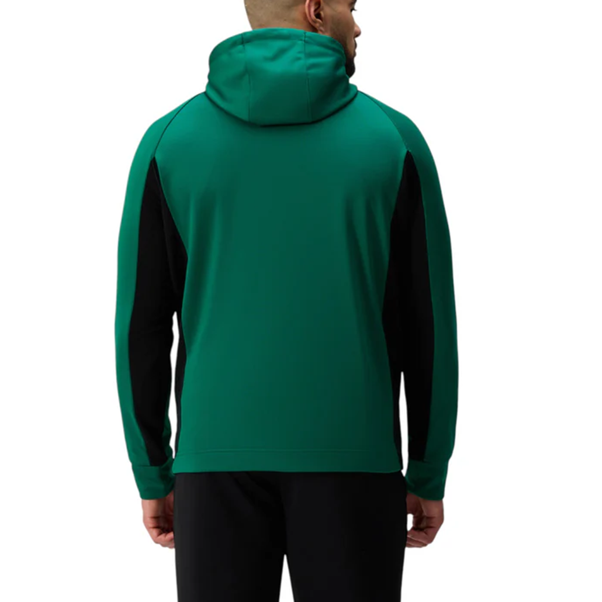 A person is shown from the back wearing the Ireland 25/26 Training Hoodie by Canterbury, featuring a green and black design with the IRFU crest, against a plain white background.