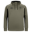 The Ireland 25/26 Training Hoodie by Canterbury features khaki green fabric, a front pocket, black side panels, a hood, and chest logos—ideal for IRFU fans seeking the perfect Canterbury training hoodie.