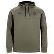 The Ireland 25/26 Training Hoodie by Canterbury features khaki green fabric, a front pocket, black side panels, a hood, and chest logos—ideal for IRFU fans seeking the perfect Canterbury training hoodie.